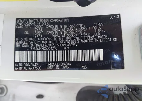 2013 Toyota 4Runner Sr5 z USA, uszkodzony, nr VIN JTEZU5JRXD5064248